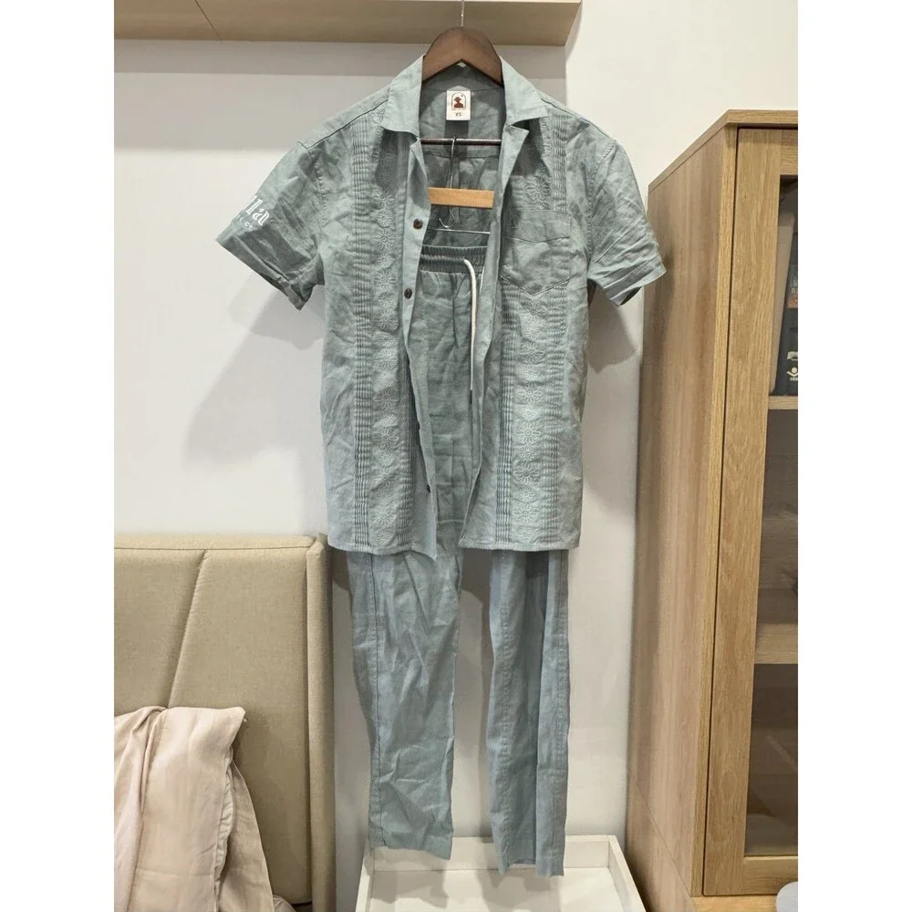 Dandy Del Mar Mens XS Green Brisa Cuban Short Sleeve + Pants Linen Embroidered - Picture 2 of 16